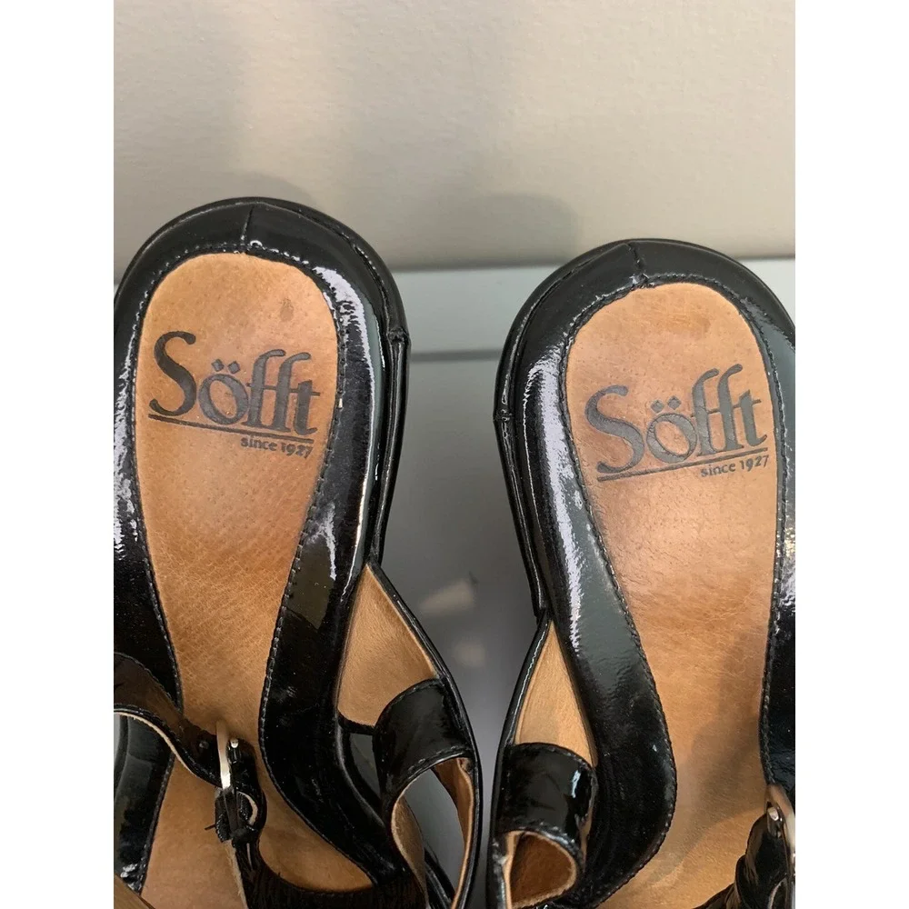 Sofft Wedge Sandals Women 8.5M Black Patent Leather Grommet Cork Slingback Heels